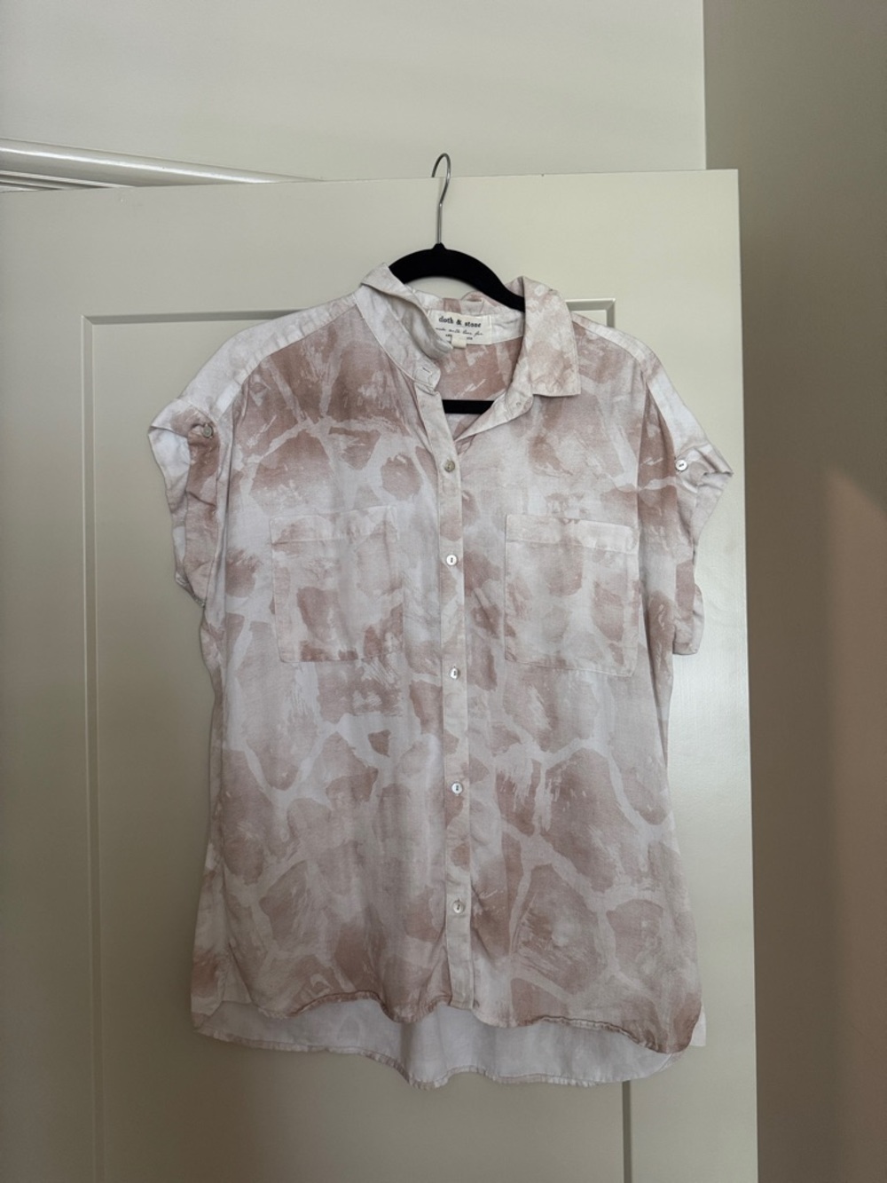 Light Pink Printed Short Sleeve Button-Up Blouse